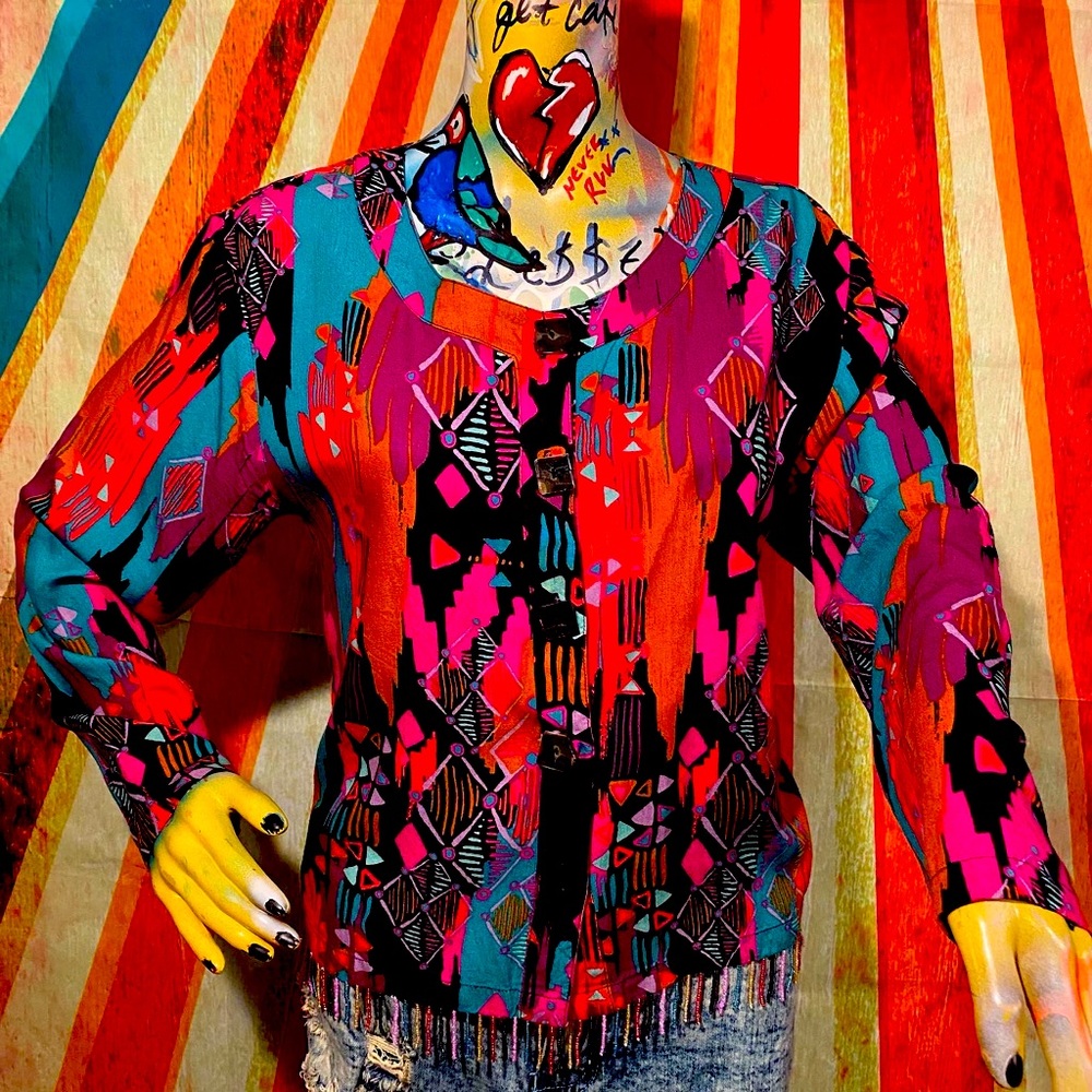 Vintage Colorful Colorblock Retro Blouse Size Medium